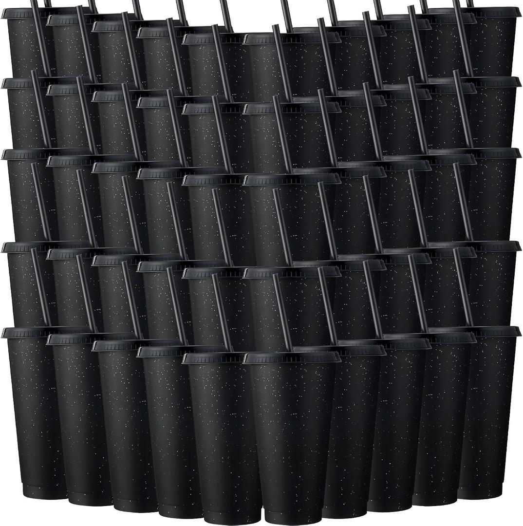 Honeydak 60 Pack Tumbler with Straw and Lid Bulk Cups for Gifts Glitter Plastic Coffee Cups 24-27 oz Reusable Water Bottle Iced Coffee Travel Mug Party Favors for Birthdays Travel (Black)