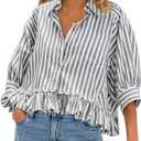 CHYRII Womens Summer Tops Dressy Casual Blouse Top Ruffled Short Sleeve Button Down Striped Shirt (Gray, XL)