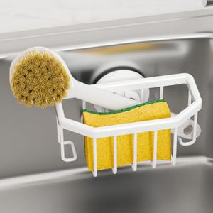 TAILI Sponge Holder for Kitchen Sink with Strong Suction Cup Removable, Rustproof Aluminum Sink Caddy for Sponge, Brush, Scrubber, Scraper -Gold