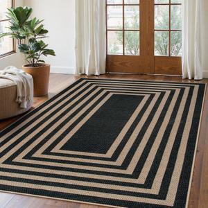 Lahome Modern Geometric Easy Jute Outdoor Rug, 5x7 Patio Living Room Rug Large Black Carpet for Bedroom, Farmhouse Washable Indoor Outdoor Carpet for Dining Room Backyard Deck (Black/Nature Border)