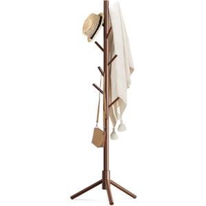 Haddockway Wooden Coat Rack Stand with 8 Hooks New Zealand Pine 3 Adjustable Coat Standing Tree Easy Assembly for Coats, Hats, Scarves and Handbags for Entryway, Hallway, Bedroom, Office (1 PC, Brown)