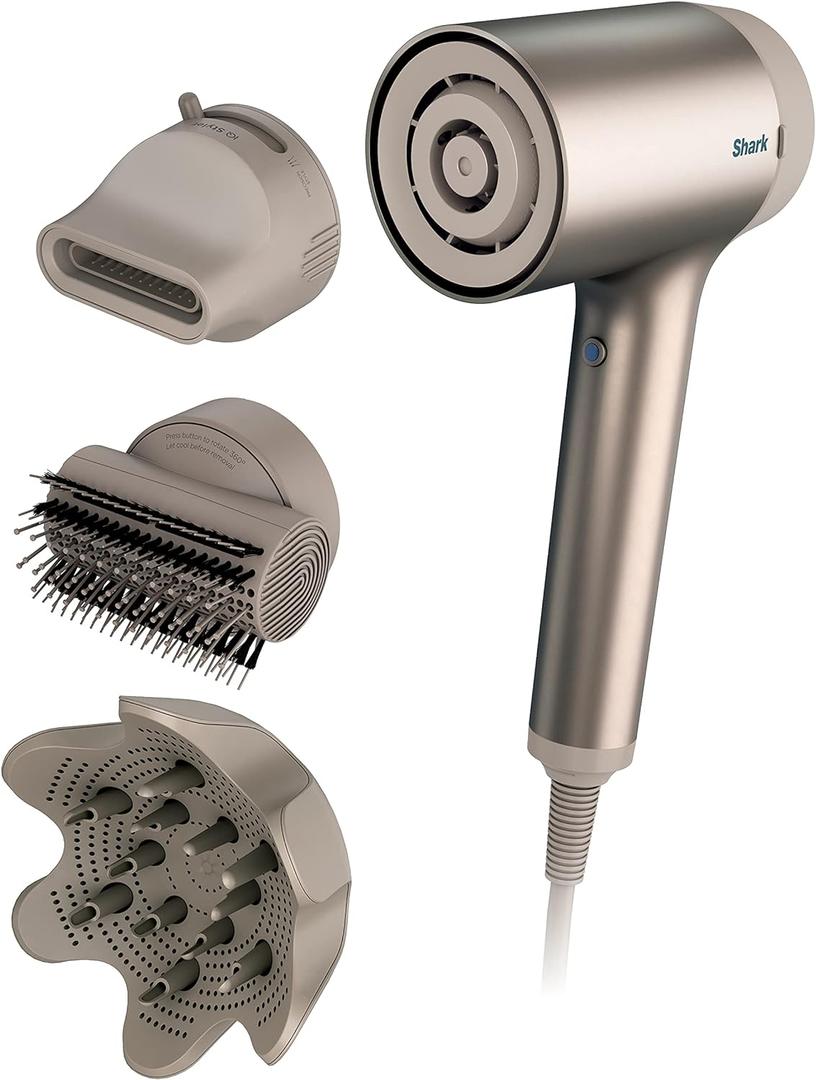 Shark HD120BRN Blow Dryer HyperAIR Fast-Drying with IQ 2-in-1 Concentrator, Styling Brush, and Curl-Defining Deep Diffuser Attachments, Ionic, No Heat Damage, for All Hair Types, Stone