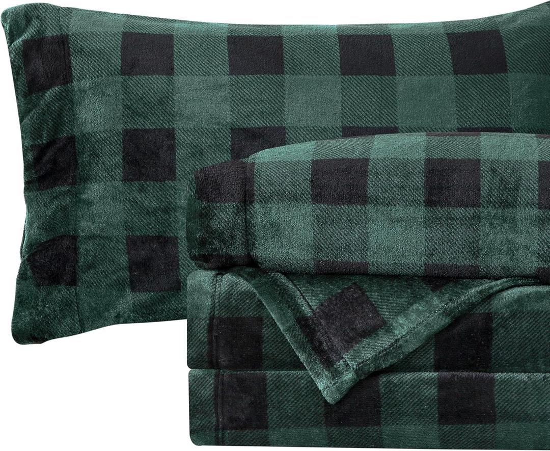Elegant Comfort Luxuriously Soft 4-Piece Velvet Plush Flannel Sheet Set - Premium Quality - Cozy Warm, Anti-Static, Non Pilling Fuzzy Velvet Flannel Fleece Deep Pocket Sheet Set - Queen, Buffalo Green