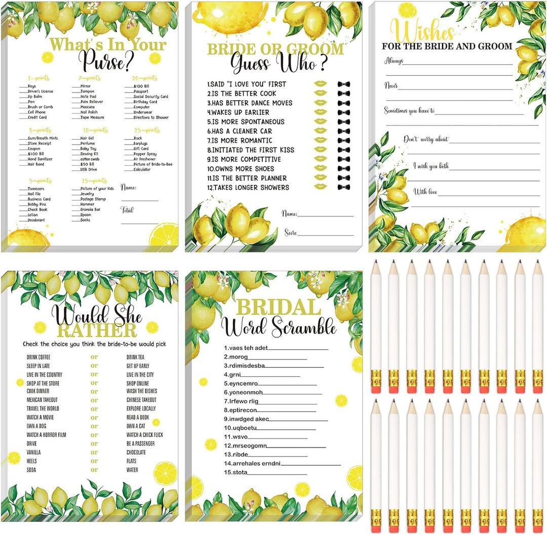 145 Pieces Lemon Bridal Shower Game Bridal Shower Favors Wedding Shower Games Set Include Wedding Games Cards and Pencils for Bride Groom Bachelorette Party Wedding Shower Party Favor