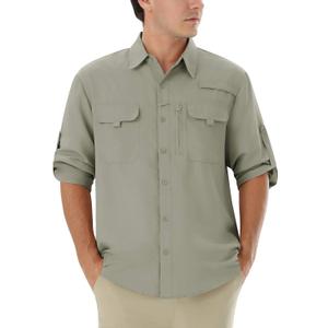 WULFUL Men's Sun Protection Fishing Shirts UPF 50+ UV Lightweight Quick Dry Cooling Button Down Shirts for Work Hiking Safari (Green, XL)