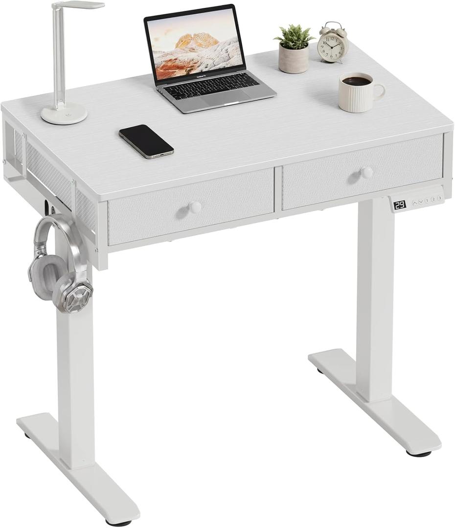 White Electric Standing Desk with Drawers, 32 Inch Small Adjustable Desk with Storage, Stand Up Computer Study Writing Desks for Small Space Home Office Bedroom, Sit Stand Work Desks for Walking Pad, 31.5''