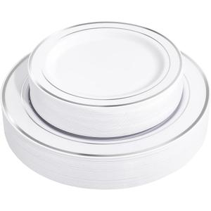 FLOWERCAT 60PCS Silver Plastic Plates - Heavy Duty White and Silver Plastic Plates Disposable - Include 30PCS 10.25inch Dinner Plates and 30PCS 7.5inch Dessert Plates for Wedding&New Year&Christmas (Sliver)