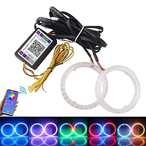 Qasim 1-Pair 80MM 30SMD 3535 LED RGB Angel Eyes Halo Rings for Motorcycle Car DRL Fog Lamp Turn Signal Light APP Bluetooth Control Multi-Color 12V