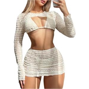 Milumia Women's 4 Piece Bikini Set Textured Halter String Triangle Swimsuit with Cover Up (White, XL)