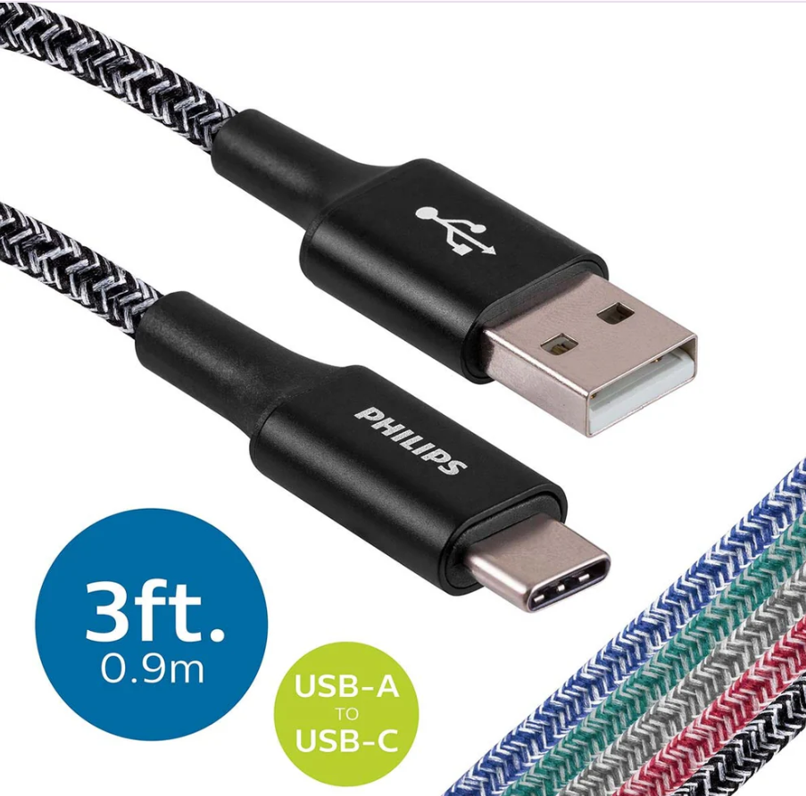 Philips
 
3ft.
 
USB-A
 
to
 
USB-C
 
Cable
 
Braided
 
Charging
 
Cable,
 
Black