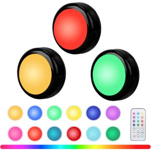 RGBW Color Changing Puck Lights with Wireless Remote - 16 Colors Dimmable Under Cabinet, Battery Powered LED Push Puck Lights with Timer & Memory Function, Black (3 Pack)