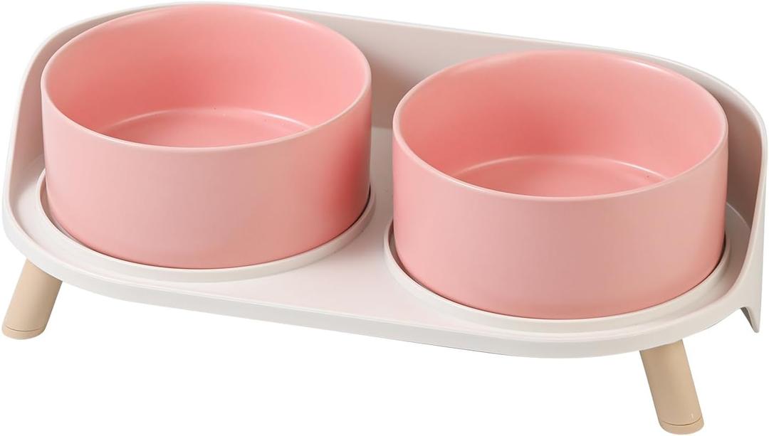 Elevated Ceramic Dog Bowl Set - Double Dog Feeding Bowls with Stand Splash Proof - Raised Dishes for Food and Water - Ideal for Small to Medium Dogs - 2 x 850 ml - 28.74 oz (Pink)