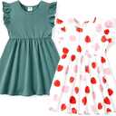 PATPAT Toddler Girl's Floral Dress Sets Pack Ruffle Sleeve Sleeveless A-line Skater Strawberry Dresses Set Green 2 Years