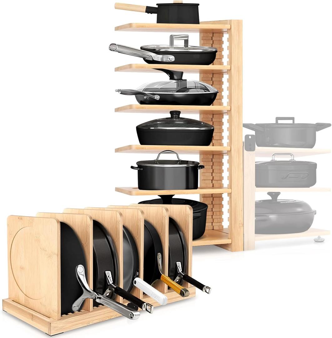 6 Tier Pot Organizer Collapsible with 3 DIY Methods, Adjustable Pots and Pans Organizer Under Cabinet, Heavy Duty Pot Rack Inside Cabinet, Pot Holders Rack for Kitchen