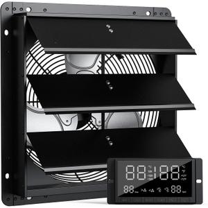12" Wall Mounted Shutter Exhaust Fan, Attic Fan with Thermostat Humidity Controller, 10-Speed Adjustable, 940 CFM, Automatic Shutter, Vent Fan for Greenhouses, Garages, Shop, Chicken Coops (Black)