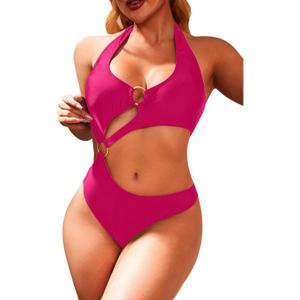 Women One Piece Swimsuit Slimming Cutout Fashoin Swimwear Metal Ring Bathing Suit Female Beachwear (Medium, Rose Red)
