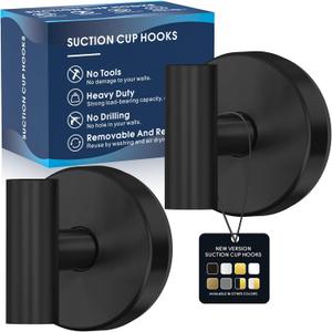 MOTAIPEAK Suction Cup Hooks for Shower, Heavy Duty Shower Towel Suction Hooks, No Drill Wall Mounted Towel Hooks for Bathrooms Wall, Kitchen, Glass, Mirror, Tile to Hang Towels, Robes, Coat-Black(2 Pack)