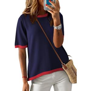 Dokotoo Womens Tops 2026 Casual Summer Crewneck Short Sleeve Striped Color Block Knit High Low Trendy Pullover Sweaters (Blue, M)