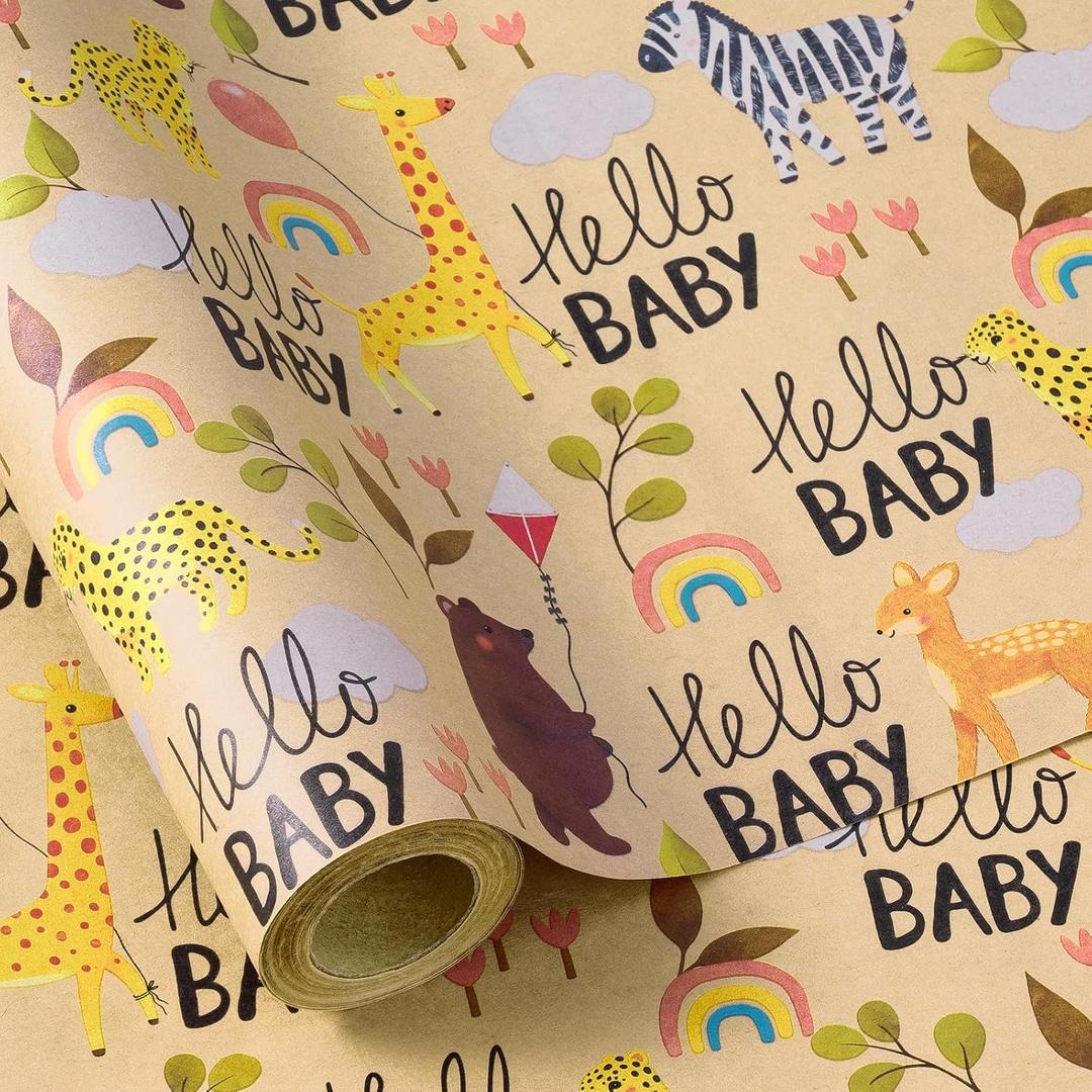 RUSPEPA Baby Shower Wrapping Paper Roll - 17 Inches x 16.4 Feet - Cute Animal Design on Kraft Paper - Ideal for Baby Boy or Neutral Gift Wrapping, Kids' Birthday Party and Baby Shower