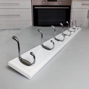 Wood Wall Mounted Coat Rack 32 inch (80cm) with 7 Silver Hooks, Lang Wooden White Wall Coat Hook Rack for Entrance, Hallway, Bedroom, White Wall Clothes Hanger