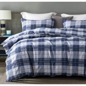 SLEEPBELLA Comforter King Size, 600 Thread Count Cotton Navy Blue & Grey Buffalo Pattern Blue Plaid Comforter Sets, Down Alternative Bedding Set 3Pcs (King, Navy Plaid)