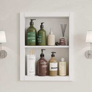 14'' * 18'' Recessed Medicine Cabinet Wall Niche Wood, 2-Tier Bathroom Niche Insert for Drywall, in Wall Shelf Medicine Cabinets Replacement, for Living Room, Bathroom Storage (Chalk White)