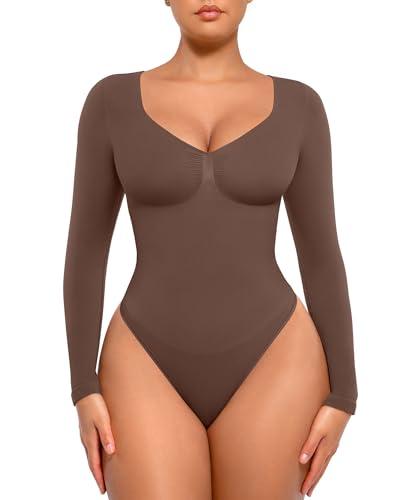 FeelinGirl Slimming Bodysuit for Women Tummy Control Thong with V Neck Seamless Shaping Body Suits Chocolate XS