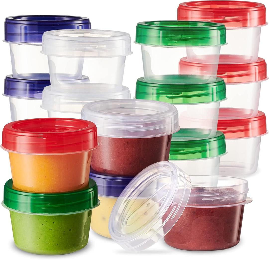 Baby Food Storage Containers 12 Pack, 4 ounce Colored Twist on Lids, Plastic, 1/2 Cup Small Freezer Storage Container