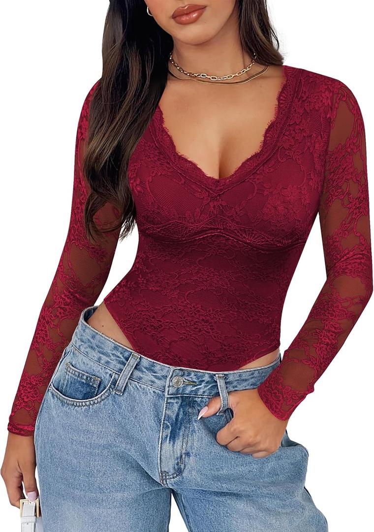 SAUNGKUAI Women's V Neck Lace Bodysuit Long Sleeve Bodysuits Double Lined Going Out Tops Y2K Trendy Thong Outfits (Medium, Burgundy)
