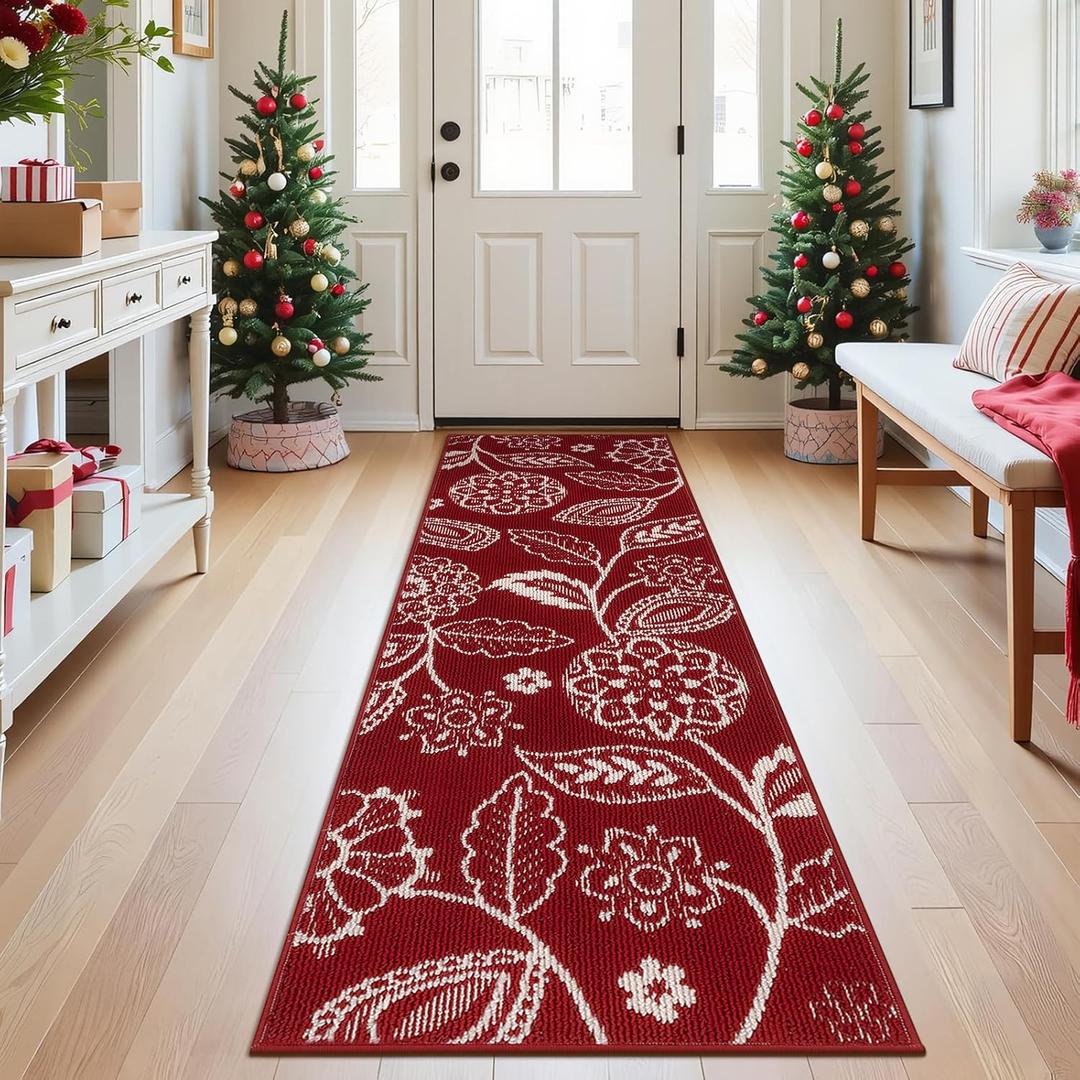 2x6 Washable Christmas Runner Rug with Non Slip Backing, Absorbent & Dirt-Trapping, Red and White High-Low Textured Floral Hallway Carpet for Kitchens, Laundry Rooms, Bathrooms, Entryways