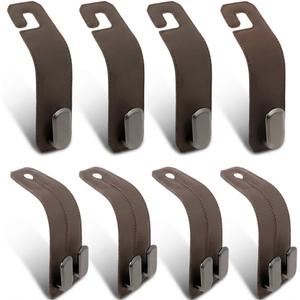 8pc Leather Car Seat Storage Hanger,4 Car Bag Purse Holder with Double Metal Hooks+4 Leather Car Headrest Hook,Car Purse Hook Seat Back Hanger Storage Organizer, Car Hook for Purses and Bags