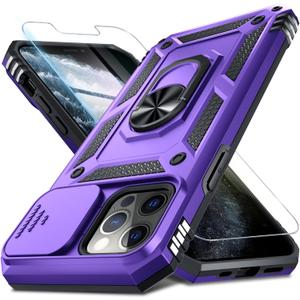 Janmitta Case for iPhone 13 Pro Max Phone Cover Built in Slide Camera Lens Cover+Screen Protector,Heavy Duty Shockproof Full Body PhoneCase with Finger Ring Holder Kickstand,Purple