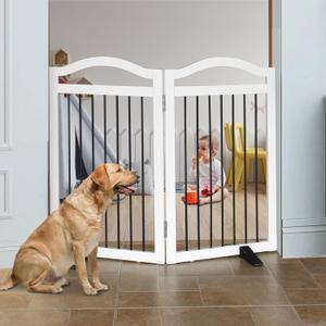 Foldable Freestanding Indoor Dog Gate for Doorways Wooden White Pet Gate for The House Dog Fence with Support Feet Included for Stairs, Hallways, 32" Height,2 Panels