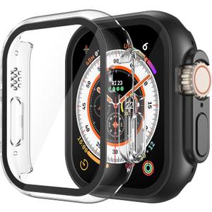Misxi 2 Pack PC Case Built-in Tempered Glass Screen Protector Compatible with 49mm Apple Watch Ultra 3 (2025) / Ultra 2 / Ultra, Shockproof Protective Cover with Button for iWatch, 1 Black + 1 Transparent