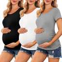 Ekouaer 3/4 Pack Womens Maternity Shirts Short Sleeve Pregnancy Tops | Crew Neck Maternity Top, Casual Maternity Outfits, Stretchy Pregnancy Workout Tops, Side Ruched Maternity Clothes