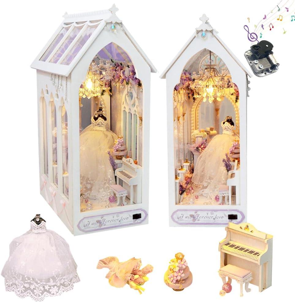 DIY Book Nook Kit Miniature Wedding Clothes House 3D Wooden Puzzle with LED Lights Bookshelf Lnsert Decor Bookend Dollhouse Kit Crafts for Adults