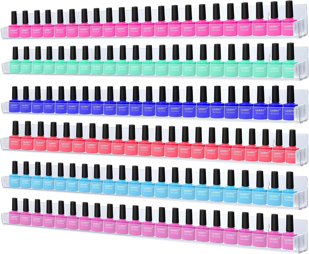 trophable 24in Nail Polish Rack Wall Mounted Shelf with Removable Anti-Slip End Inserts, 6 Pack Clear Acrylic Nail Polish Organizer Wall Rack Display 150 Bottles, 24"x1.56"x2"-6pack