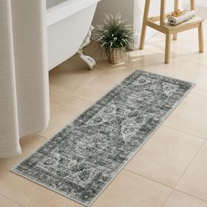 Uphome Brown Bathroom Rugs, Distressed Farmhouse Boho Bath Mat, Non Slip Washable Soft Velvet Bath Mats for Bathroom Floor, Vintage Traditonal Bath Runner for Bathtub Sink Shower, 18x47 inch