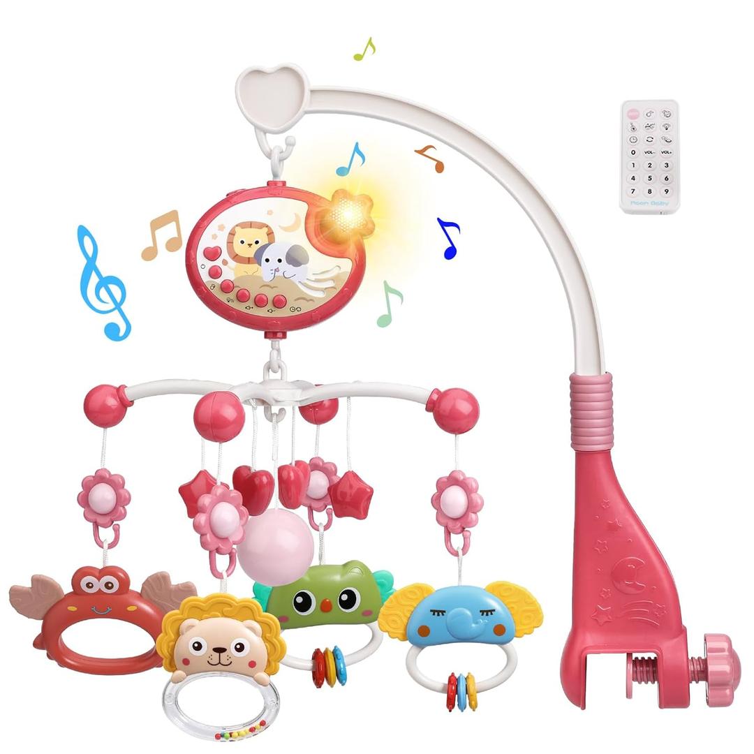 Mini Tudou Baby Crib Mobile with Music and Lights,360°Rotation Remote Control Musical Mobile for Crib with 400 Lullabies,Projection Night Light and Chewable Rattle Toy,Crib Toys for Girls and Boys