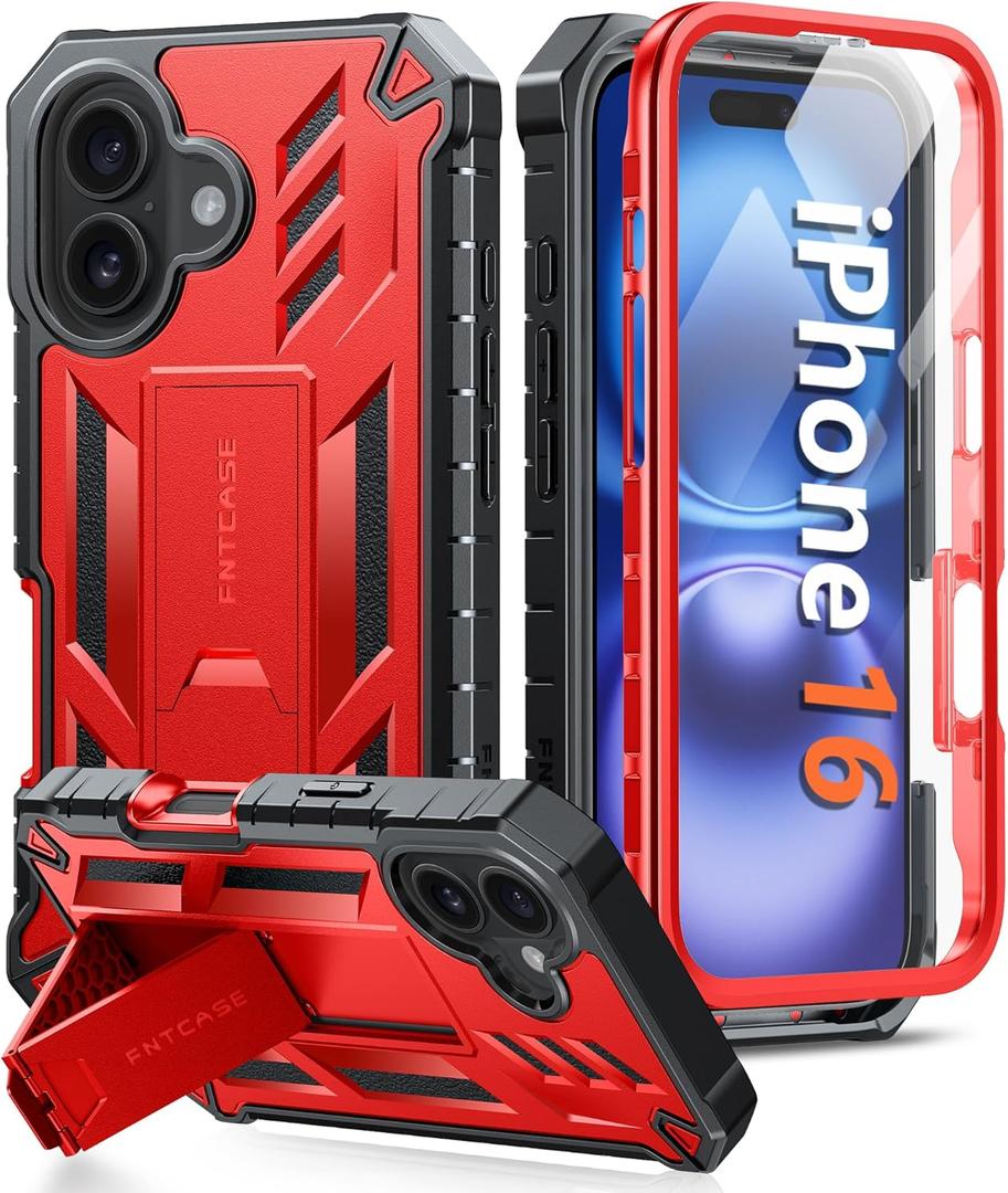 FNTCASE for iPhone 16 Phone Case: Military Grade [Built-in Screen Protector] [Kickstand] Matte Textured Drop Proof Protection Cover | Rugged Shockproof TPU Protective Sturdy Cases - Red