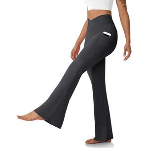 Women's Flare Leggings with Pockets Crossover High Waisted Bootcut Yoga Pants Tummy Control Bell Bottom Leggings (XX-Large, Dark Gray)