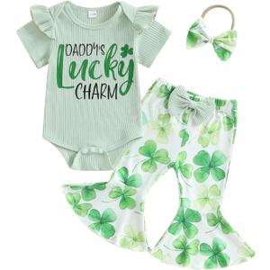 Newborn Baby Girl St Patricks Day Outfit Short Sleeve Letter Print Romper Clover Flare Pants Headband Clothes Set, 6-12M
