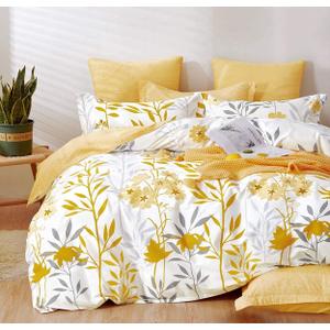 SLEEPBELLA Comforter King Size, 600 Thread Count Cotton Grey Branch with Yellow Flower & Grey Leaves Pattern Orange Reversible Comforter Set,Down Alternative Bedding Set 3Pcs(King, Yellow Botanical)