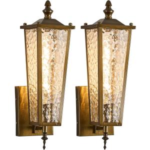 2-Pack Outdoor Wall Sconce, Vintage Gold Exterior Light Fixture with E26 Sockets & Glass, H17.7in Waterproof Porch Lantern Wall Mount Lighting for Garage,Patio,Front Door,House