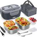 Vabaso Electric Lunch Box for Adults, 80W Heated Lunch Box with 2 Stainless Steel Container, 1.5L Portable Food Warmer for Work Men Car Truck, 110V/12V/24V/220V