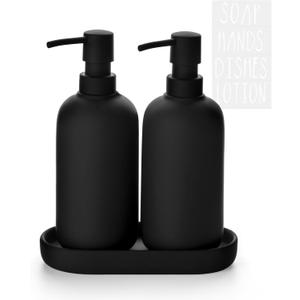 Ceramic Soap Dispenser Set - Elegant Hand Soap Pump with 4 Labels (Soap, Dishes, Lotion, Hands) - Durable & Stylish Design for Kitchen & Bathroom Decor, Refillable Liquid Soap Dispenser (3 Pack, Rubber Paint Black)
