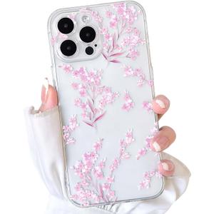 2 x NITITOP Compatible with iPhone 13 Pro Case Cute Clear Flower Floral Artistic Design for Women Girls Stylish Slim Soft TPU Shockproof Protective Girly Phone Cover - Pink
