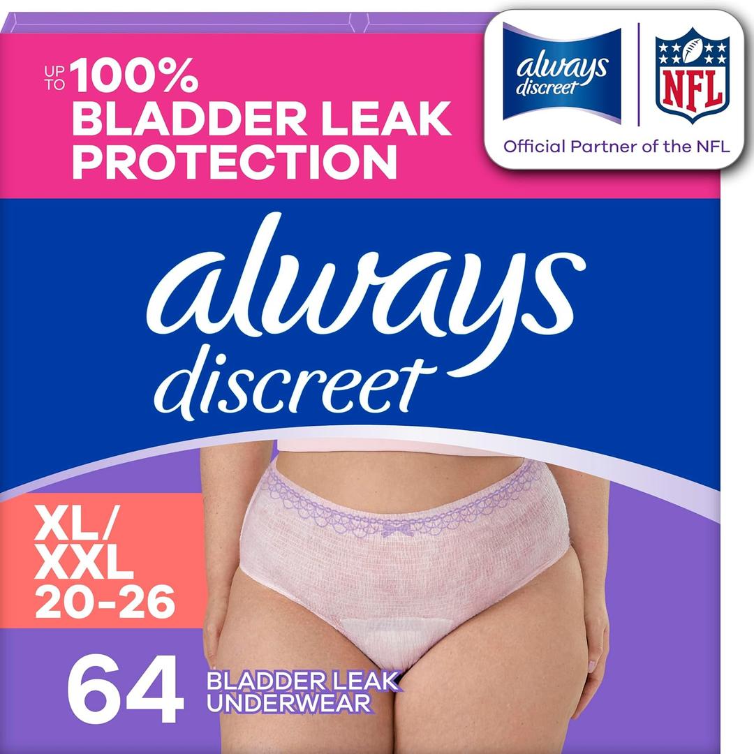 Always Discreet Adult Diapers for Women, Incontinence Underwear, Postpartum Essentials, Disposable Briefs, Max Absorbency, Bladder Leak Protection, Extra Large/XL, 64ct