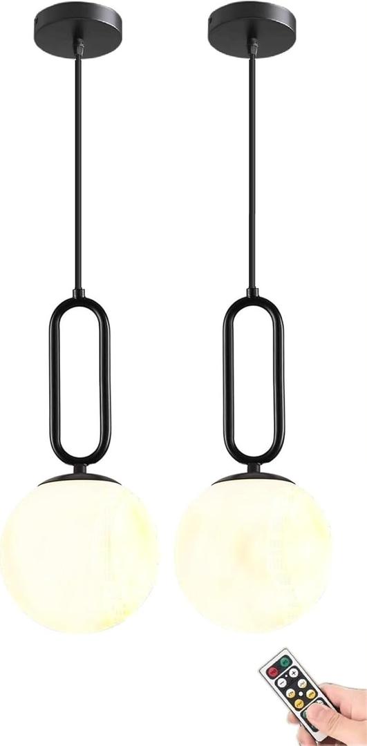 Battery Operated Pendant Lights Set of 2,USB Rechargeable Hanging Lamp with Remote Timer,Modern Black Globe Glass Pendant Lighting Fixture Indoor Chandelier for Bedroom Kitchen Island Dining Room
