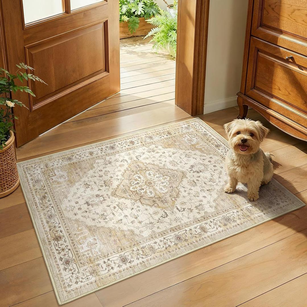 Washable 2x3 Entryway Rug: Vintage Area Rugs Non Slip Carpet Retro Floral Door Mat for Bedroom Kitchen Living Room Entrance, Small Soft Thin Stain Resistant Neutral Rug, Beige